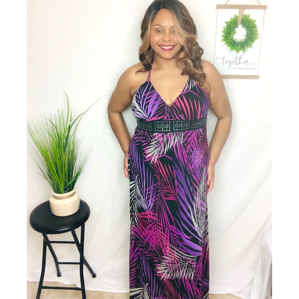 XL Halter Style Long Maxi Dress Purple Tropical